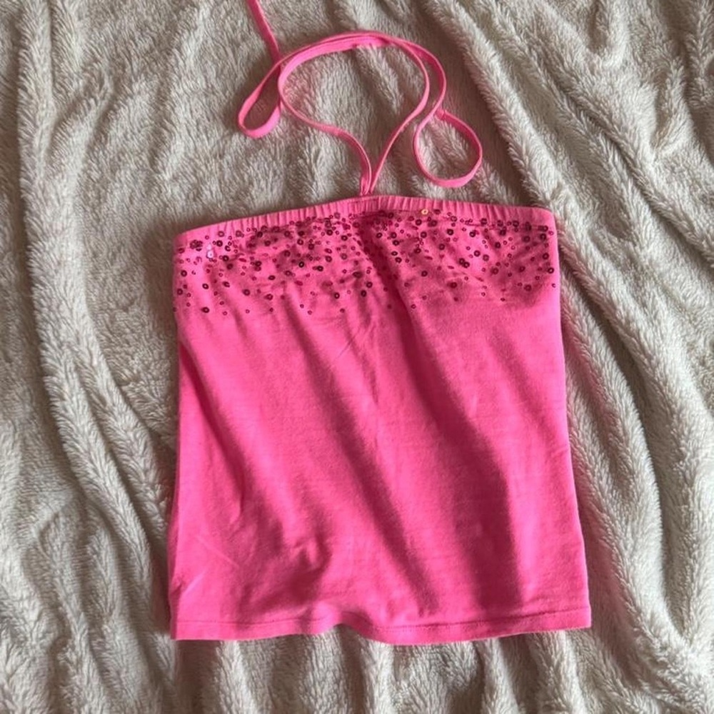 Justice Bright Pink Halter Crop Top with Sequin Accents